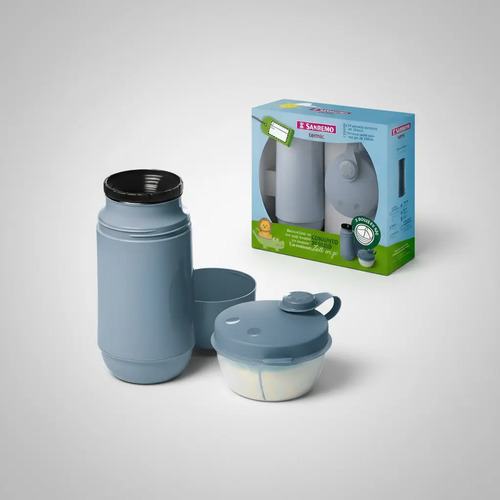 Kit Passeio Bebê Pote Porta Leite Pó Dosador Garrafa Térmica Azul
