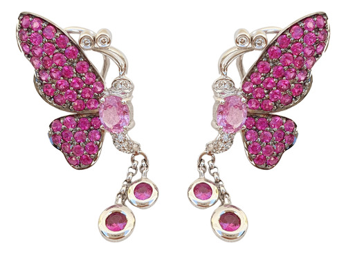 Brinco Borboleta De Ouro 18k 750 Com Diamante Rubi E Safira Amarelo
