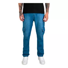 Calça Cargo Masculina Sarja Brim Jeans Slim Bolso Lateral