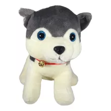 Peluche Perro Blanco/plomo Ojos Brillo Azul 22 Cms.