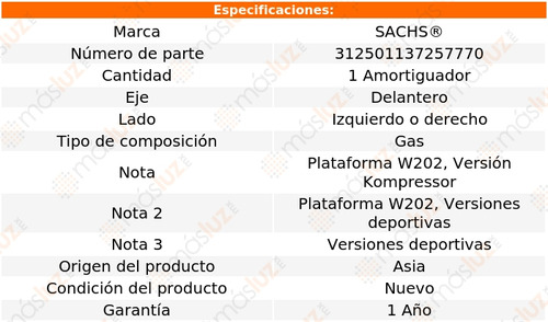 1- Amortiguador Gas Delantero Izq/der C230 93/00 Sachs Foto 2