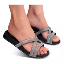 Sandália Birken Feminina Rasteira Chinelo Papete Tira Brilho