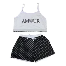 Pijama Baby Doll Cropped Branco E Preto Amour