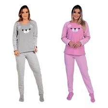 Kit 02 Pijamas Femininos Plush Longo Quentinho Inverno