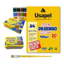 Kit Artes Com Bloco + Pincel + 12 Guache + 6 Pintura Dedo