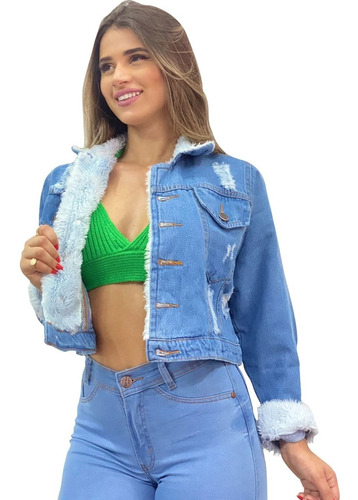 Jaqueta Jeans Feminina Forrada Curta Pelinhos Inverno Moda