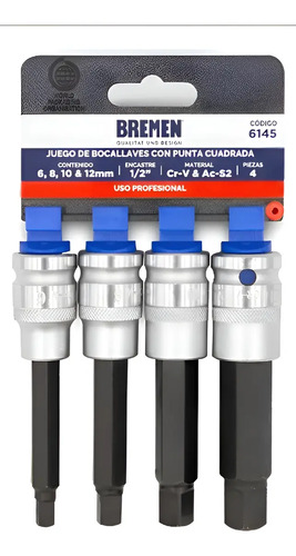 Set Llave Tubo Punta Cuadrada Bremen 6 8 10 12 Enc 1/2 6145 Negro