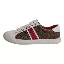 Tenis Guess Original Ggmagiq-r Cafe Rojo Beige Placa Dorada