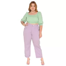 Calça Feminina Sarja Plus Size Reta Barra Dobrada Elegante