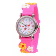 Relógio Pulso Infantil Menina Analógico Pink Color Flores 3d