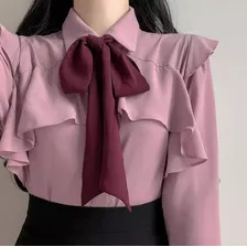 Camisa Blusa Social Feminina Elegante Laço Trabalho M80