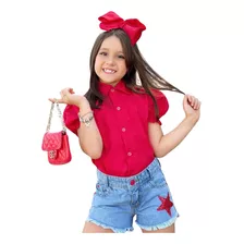 Camisa Blusa Infantil Social Manga Bufante Princesa Vermelho