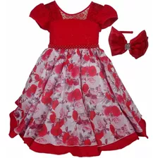 Vestido De Festa Infantil Luxo Floral Vermelho C/tiara Renda