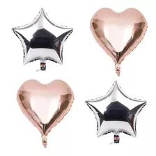 10 Balão Metalizado Coração Rose + 10 Estrela Prata 45cm Fes