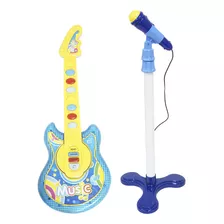 Guitarra C/ Microfone Infantil Pedestal Luz Som Karaokê Azul