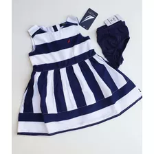 Vestido Beba Con Cubrepañal Nautica Rayas Azul Blanco 12 M 