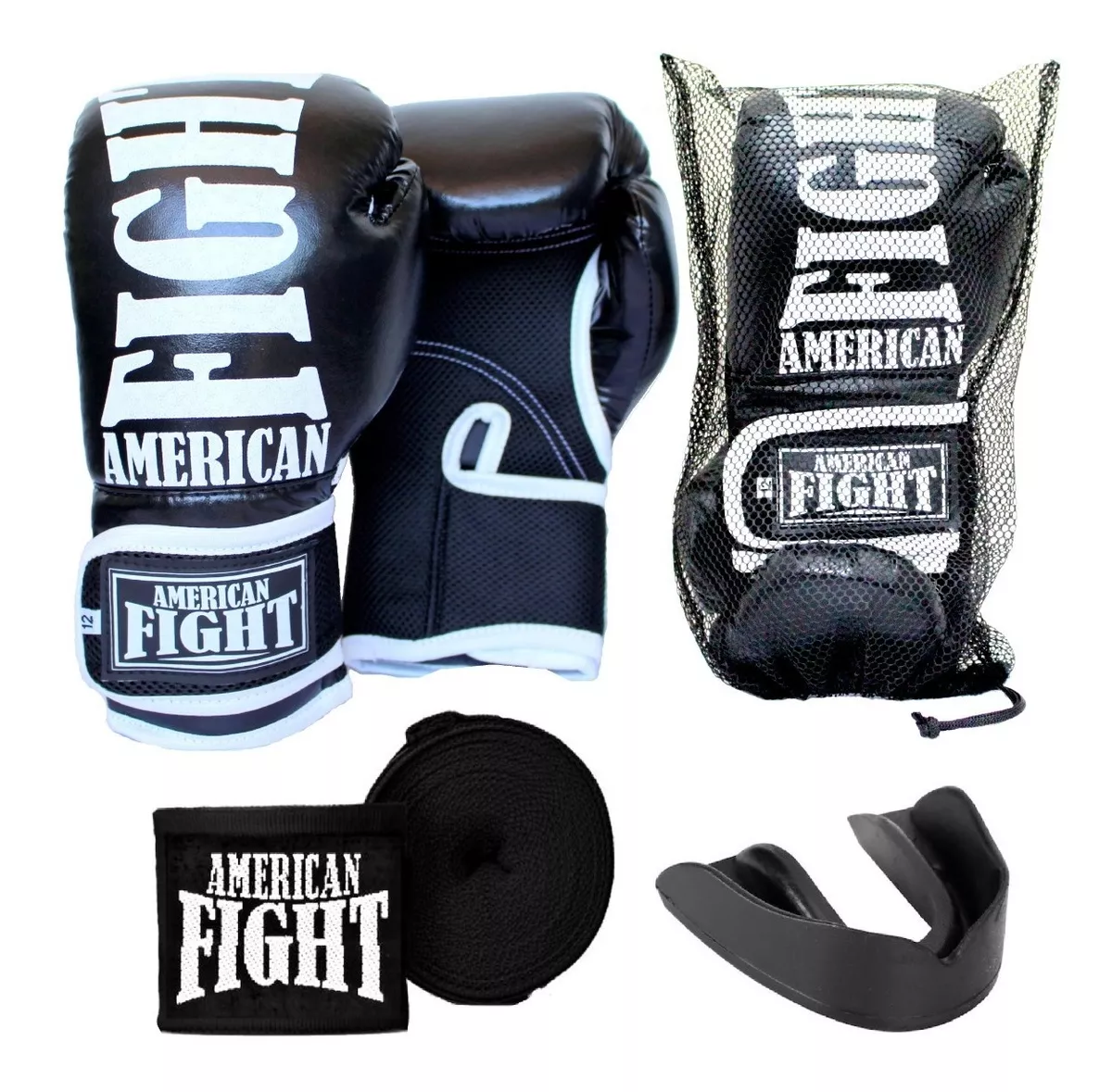 Kit Boxe Muay Thai Luva Bandagem Bucal American Fight Preto
