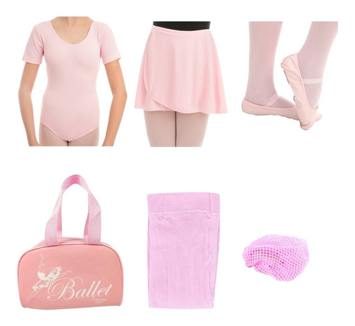 Kit Collant Meia Manga Ballet Balé Bailarina  6peças C/bolsa