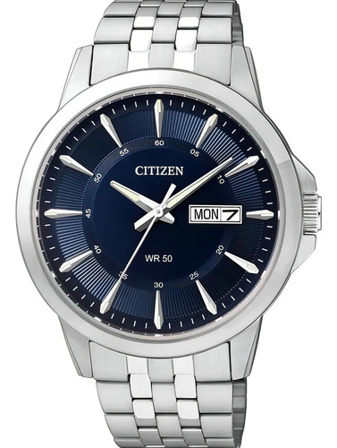 Reloj Citizen Cuarzo Para Hombre Con Calendario, Acero Y Dial Azul Plateado