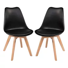 Kit 02 Cadeira Jantar Eames Wood Leda Design Estofada Preta Cor Da Estrutura Da Cadeira Preto