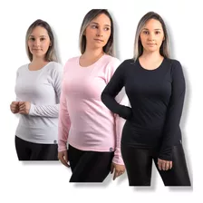 Kit 3 Blusa Manga Longa Camisetas Feminina