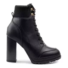  Bota Coturno Feminino Tratorado Vizzano Salto Médio Preto