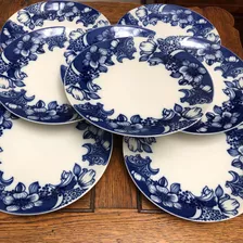 Juego 8 Platos Playos Porcelana Verbano Flores Azul Vintage