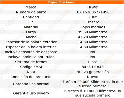 Balatas Bajos Metales Traseras Para Hyundai Tucson 16/18 Trw Foto 2