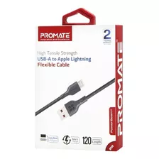 Cable Lightning Acordonado 1.2m Promate Carga Rapida 2a Color Negro