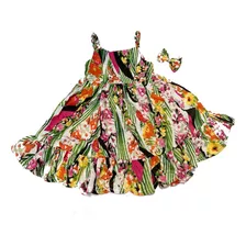 Vestido Infantil Viscose Floral Lindo Verão + Laço Cabelo