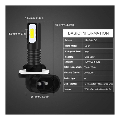 881 Bombillas De Luz Antiniebla Led 4000 Lm 80 W Para Hyunda Foto 5