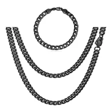 Conjunto Colar Pulseira Preto Corrente Cordão Masculino 