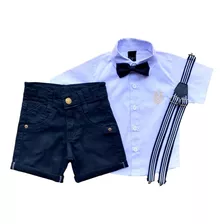 Conjunto Infantil Camisa Social + Bermuda + Kit Suspensório