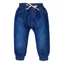 Calça Jeans Bebê Jogger Detalhe Linha Caramelo E Cordão Rosa