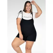 Jardineira Preta Com Alças De Amarrar Plus Size