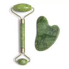Rolo Pedra De Jade +placa Gua Sha Massagem Facial Anti Rugas Cor Verde-musgo