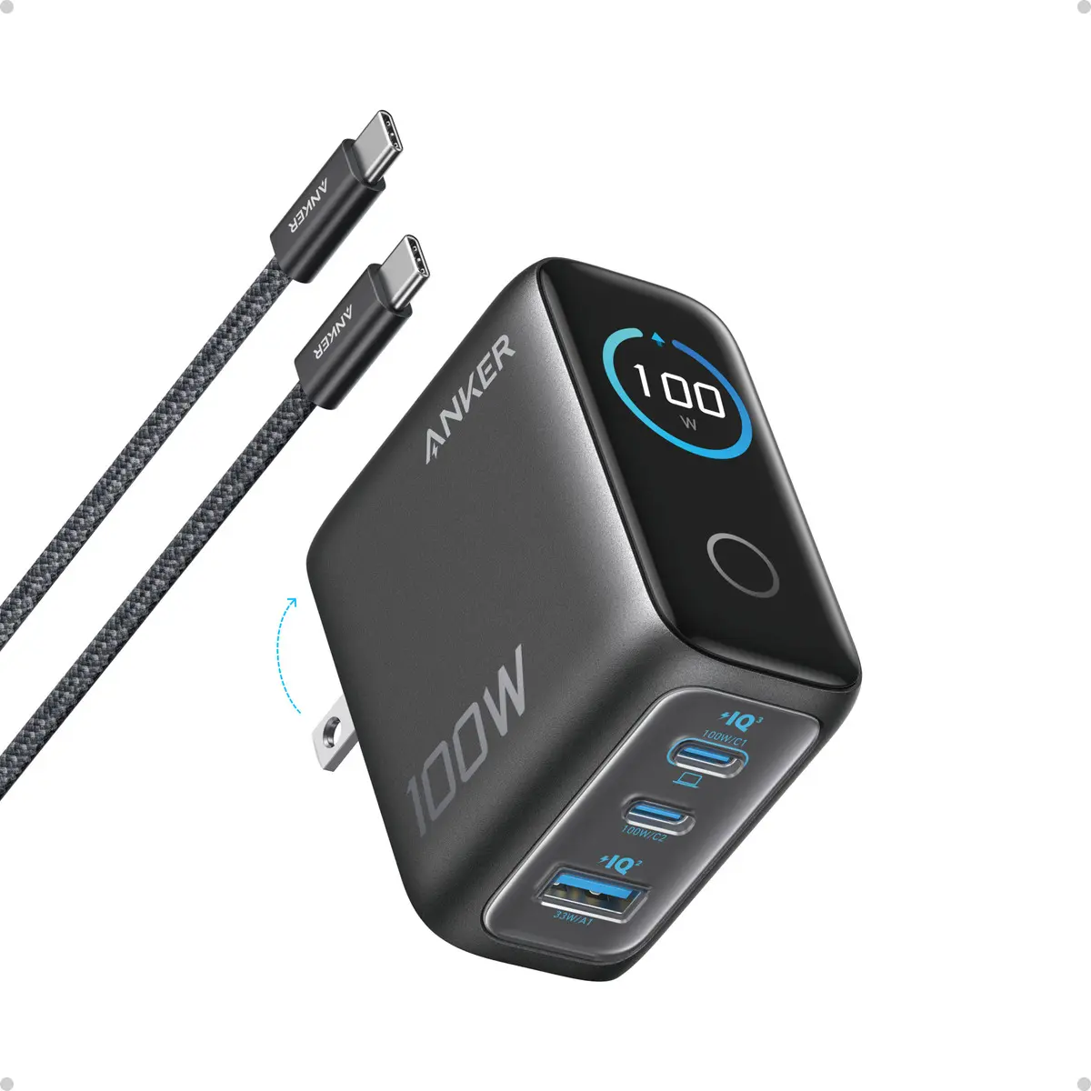 Cargador Anker, Bloque De Carga Usb-c Gan Ultracompacto De 3 Puertos Y 100 W Máx. Con Pantalla Inteligente Y Control... Negro