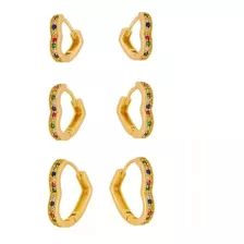 Brinco Trio Argolinha De Coração Zirconia Banhado Ouro 18k