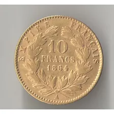 França 10 Francos 1864 3,22 Gramas Ouro 900 Napoleao Iii 