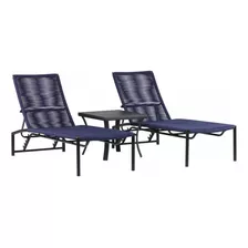 2 Espreguiçadeiras Corda Náutica Mesa Piscina Cor Azul