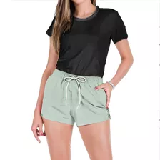 Conjunto Feminino Verão Camiseta Algodão E Short Tactel Liso