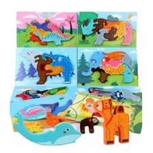 Puzzle Rompecabezas Animales Dinosaurios De Maderas Pack 5