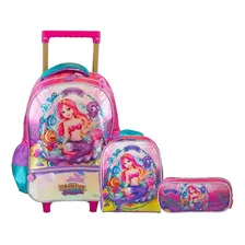 Kit Mochila Infantil Escolar Sereia Concha Rodinha G Meninas