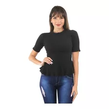 Blusa Regata Tecido Canelado Com Babado Manga 3/4