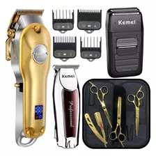 Kit 3 Tesouras Profissional Barbeiro Cabelo + Máquinas Corte Cor Dourado 110v/220v