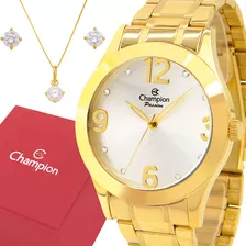 Relógio Champion Feminino Dourado + Colar E Brincos Original