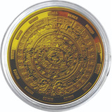 Moneda Calendario Azteca Quetzalcóatl Baño En Oro Capsula