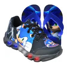 Tênis Led Infantil Masculino Sonic Luzinha Pisca + Chinelo