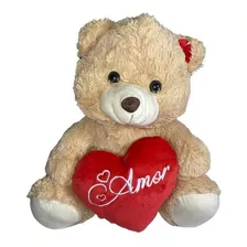 Ursinho Urso De Pelúcia Grande C/coração Amor Macio Presente Cor Creme Fd5051