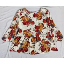 Blusa Mujer Casual, Crema Con Flores De Manga Larga Talla L